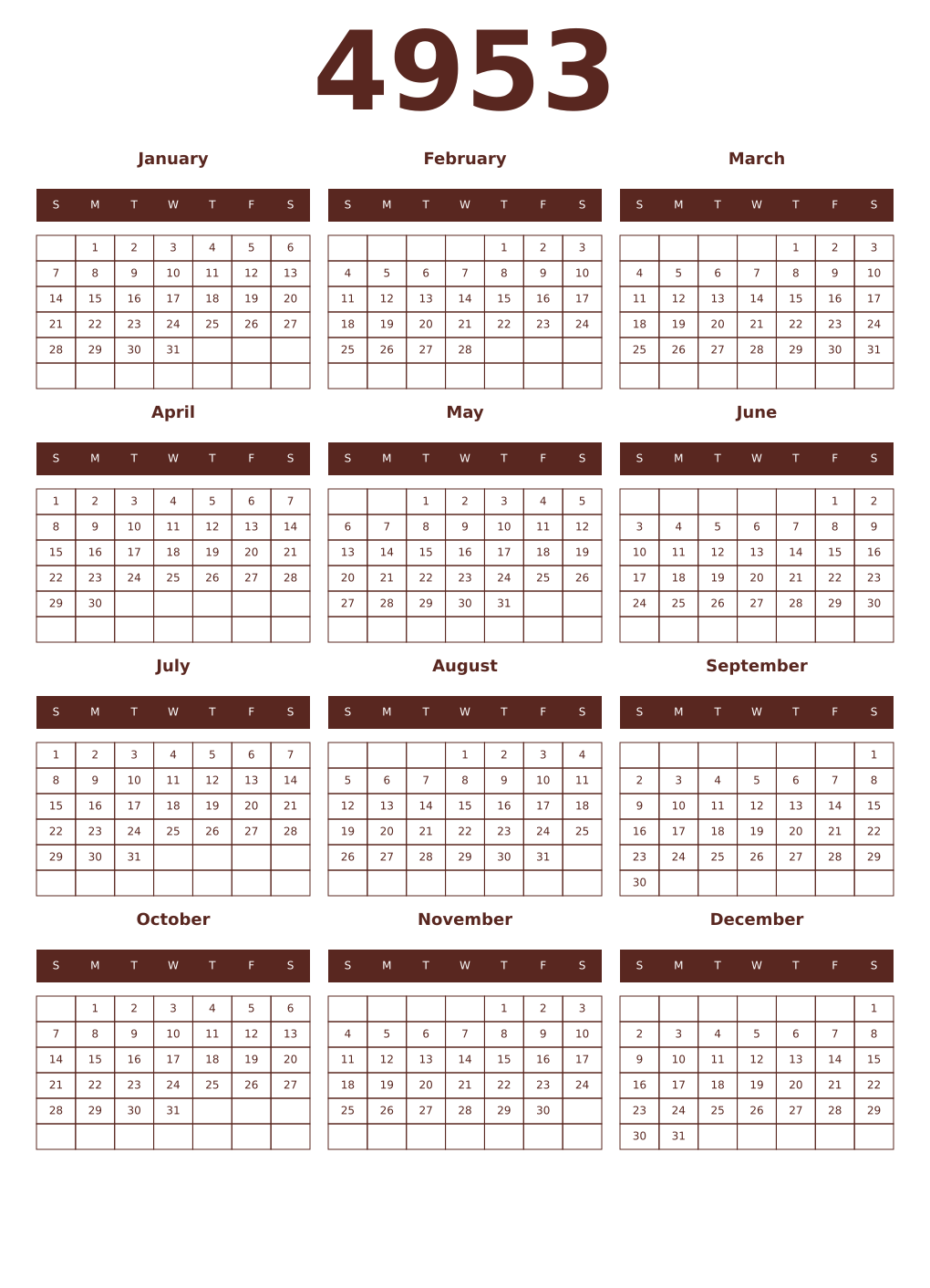 Printable 4953 Year Calendars mortuum
