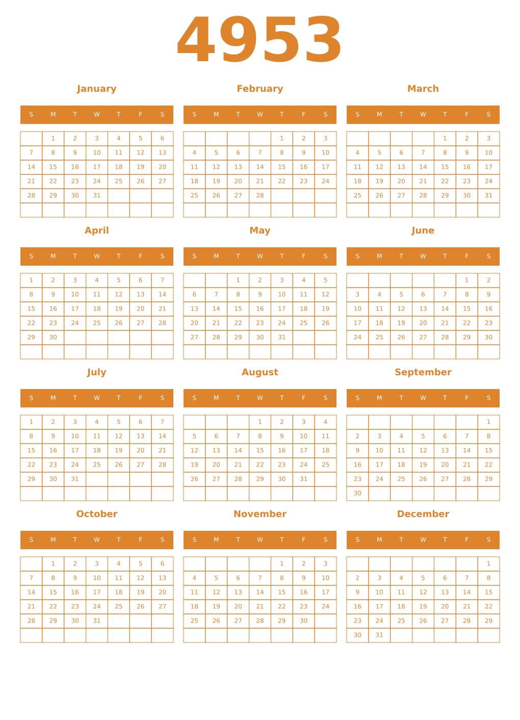 Printable 4953 Year Calendars orange