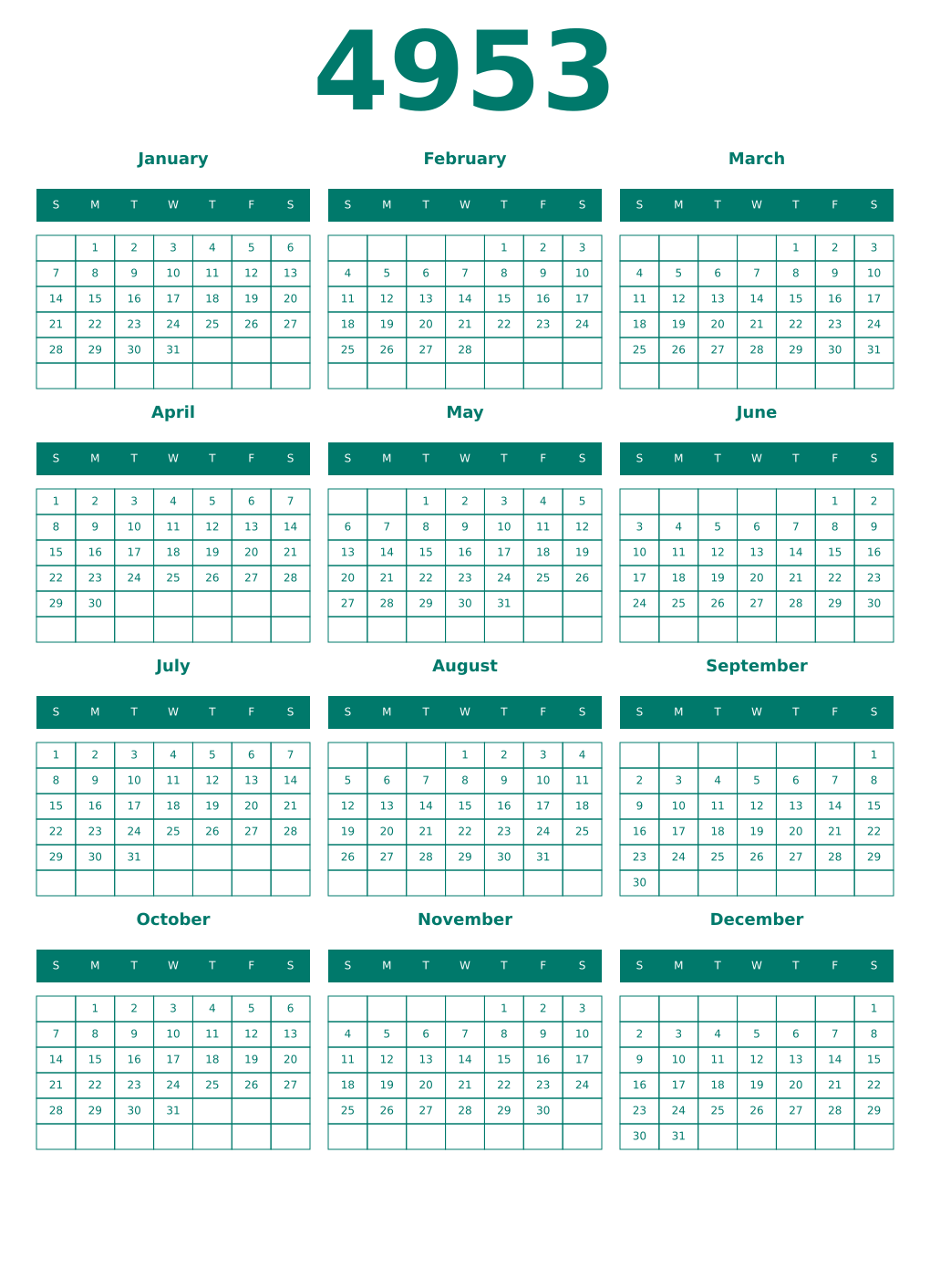 Printable 4953 Year Calendars pastel
