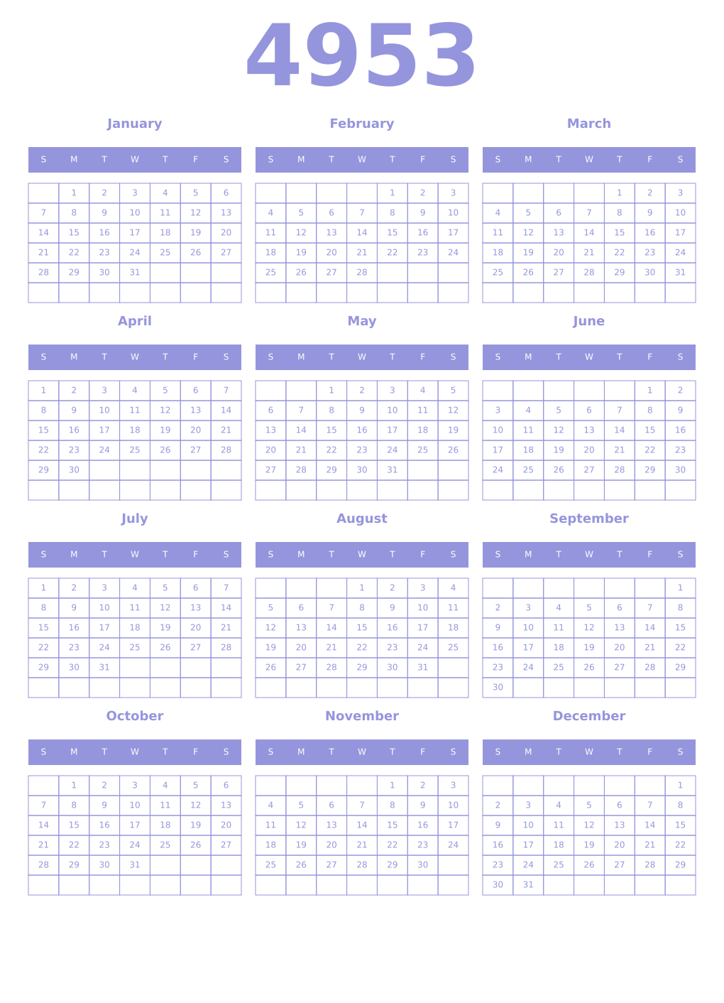 Printable 4953 Year Calendars periwinkle