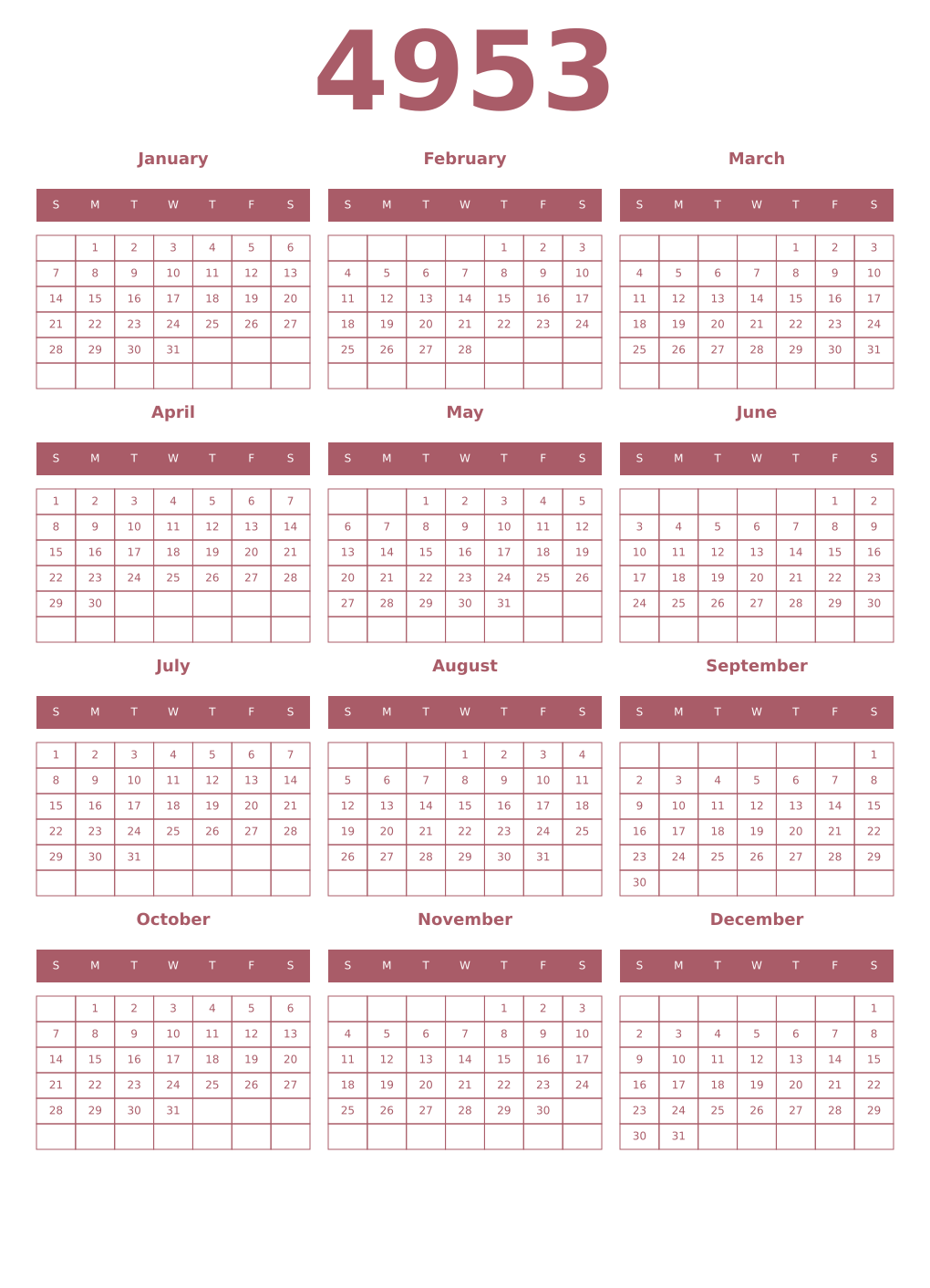 Printable 4953 Year Calendars puce
