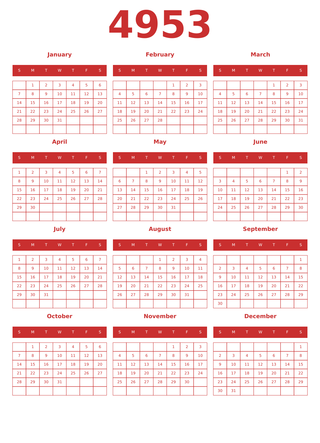 Printable 4953 Year Calendars red