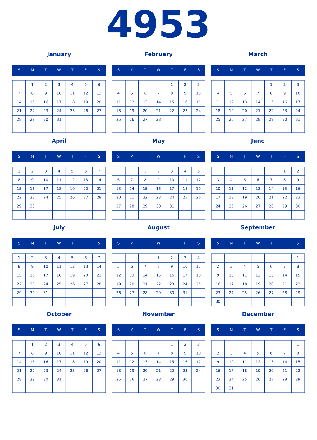 Printable 4953 Year Calendars smalt