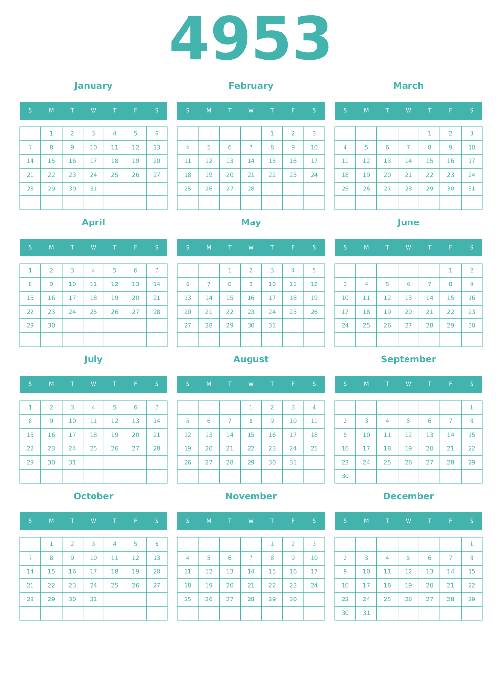Printable 4953 Year Calendars verdigris