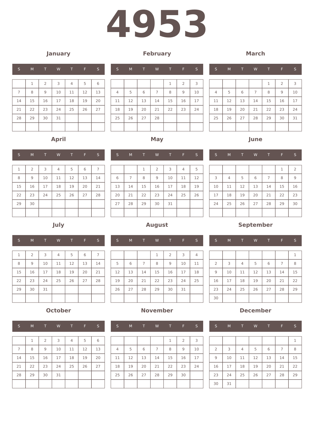 Printable 4953 Year Calendars wenge