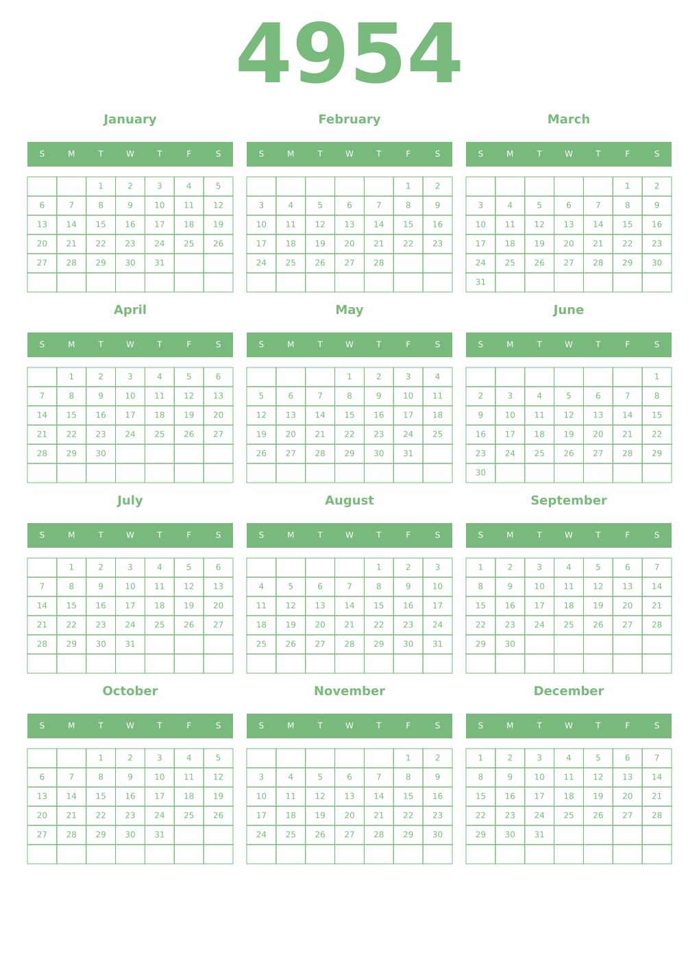 Printable 4954 Year Calendars celadon