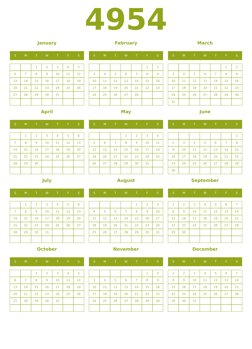 Printable 4954 Year Calendars chartreuse