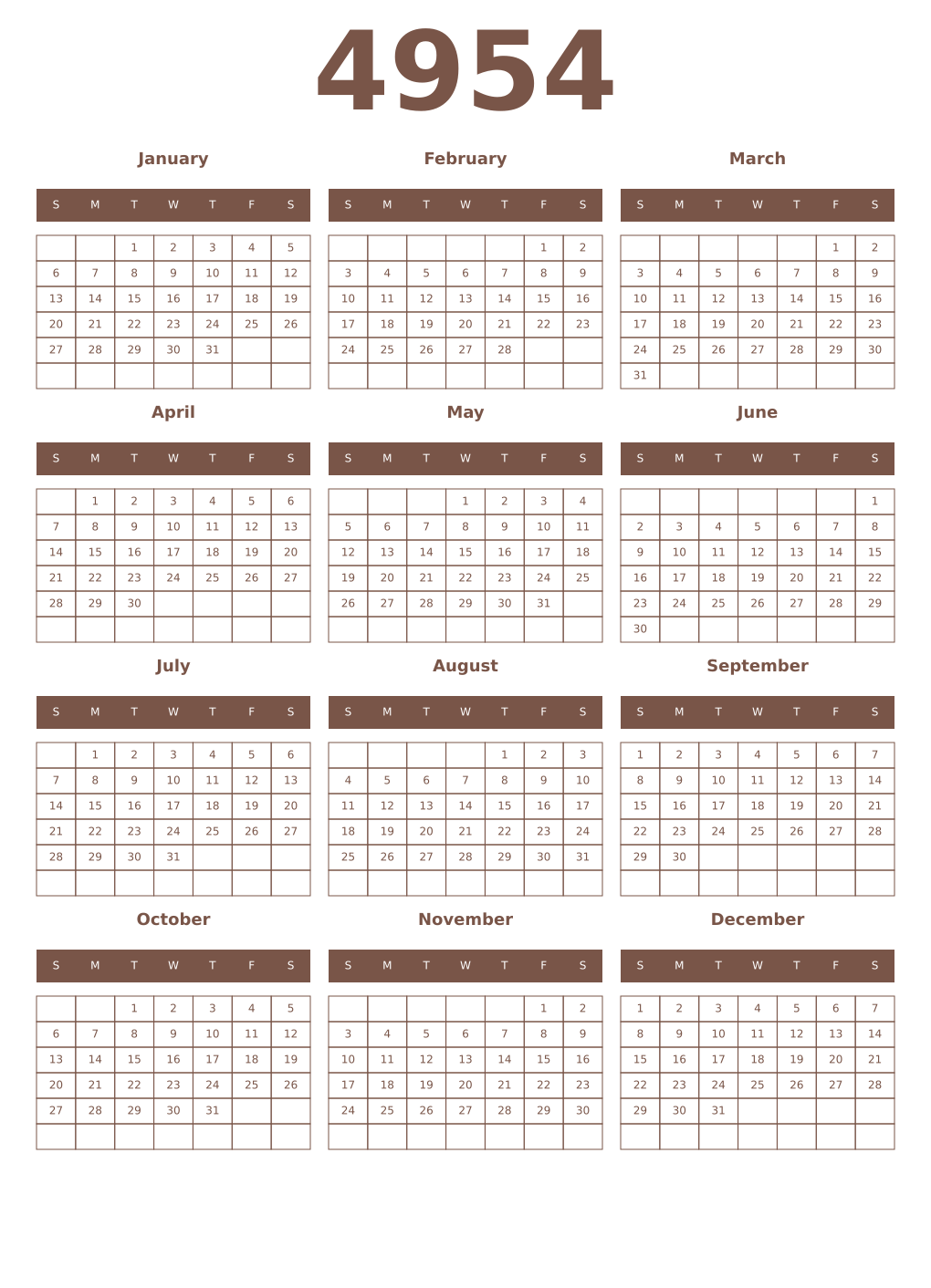 Printable 4954 Year Calendars coffe