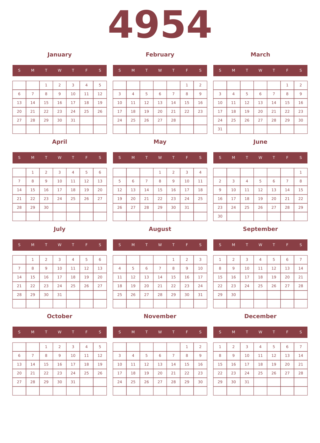 Printable 4954 Year Calendars cordovan