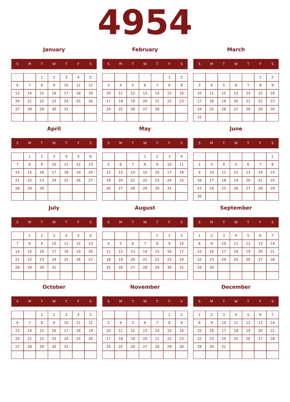 Printable 4954 Year Calendars falu