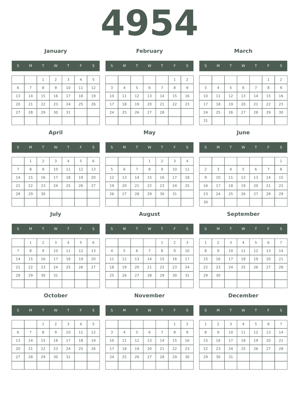 Printable 4954 Year Calendars feldgrau
