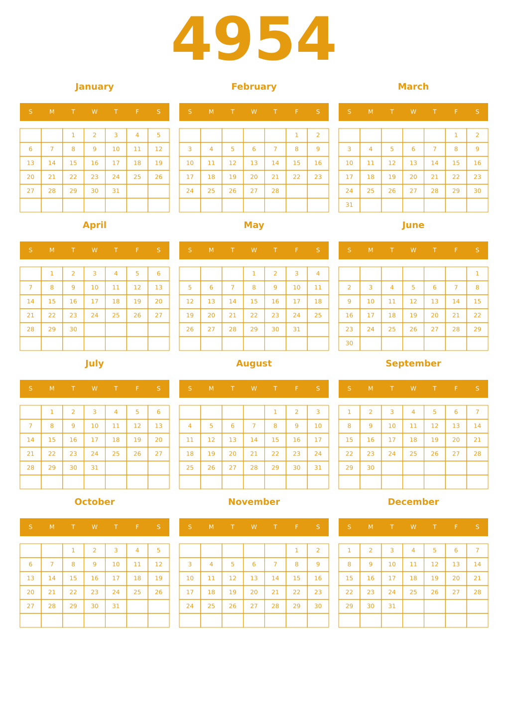 Printable 4954 Year Calendars gamboge
