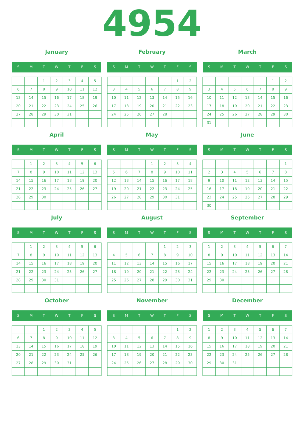 Printable 4954 Year Calendars green