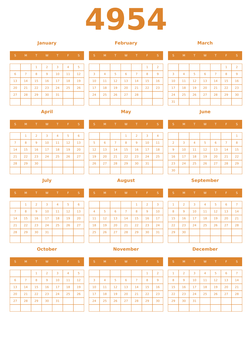 Printable 4954 Year Calendars orange