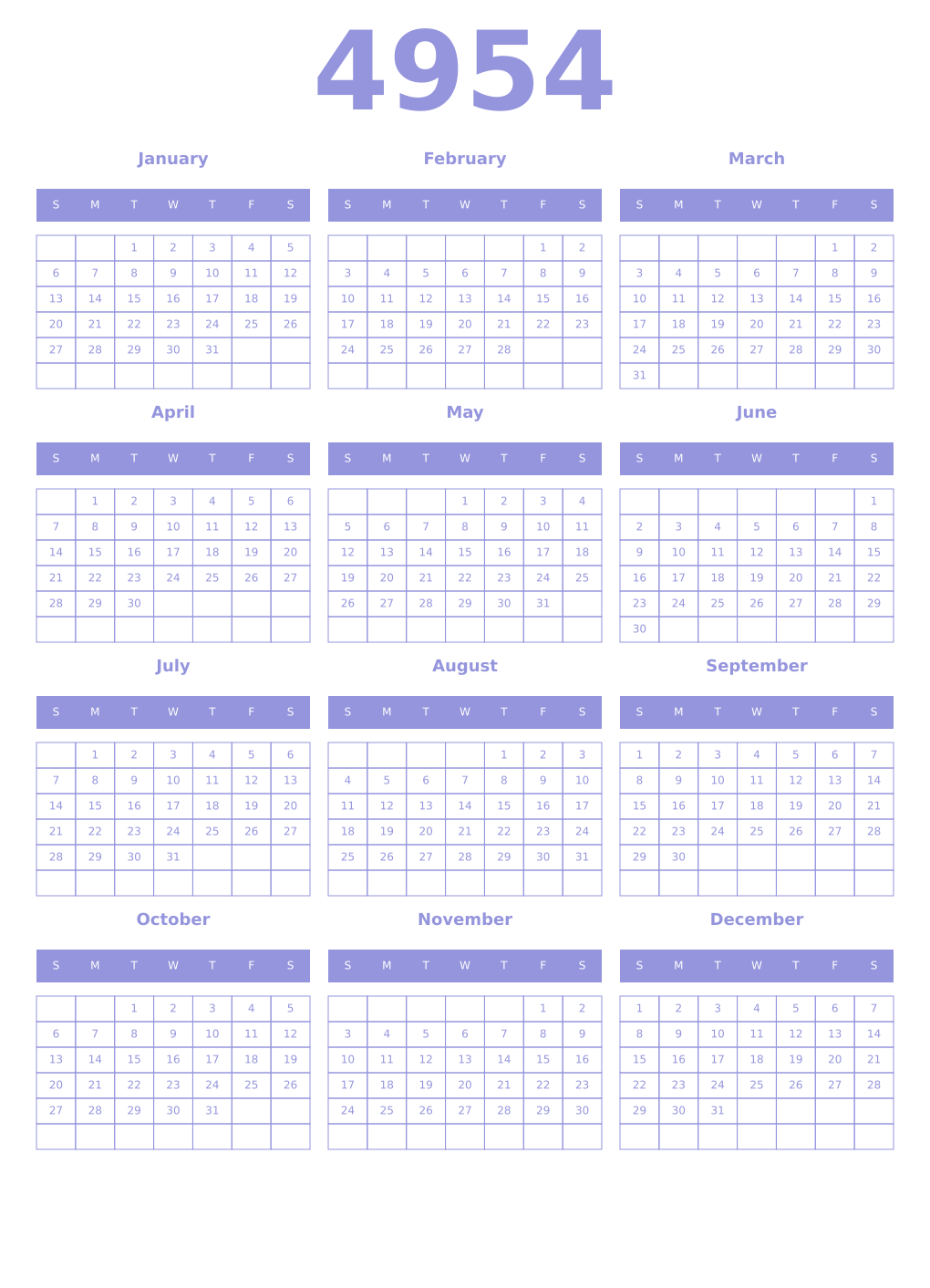 Printable 4954 Year Calendars periwinkle