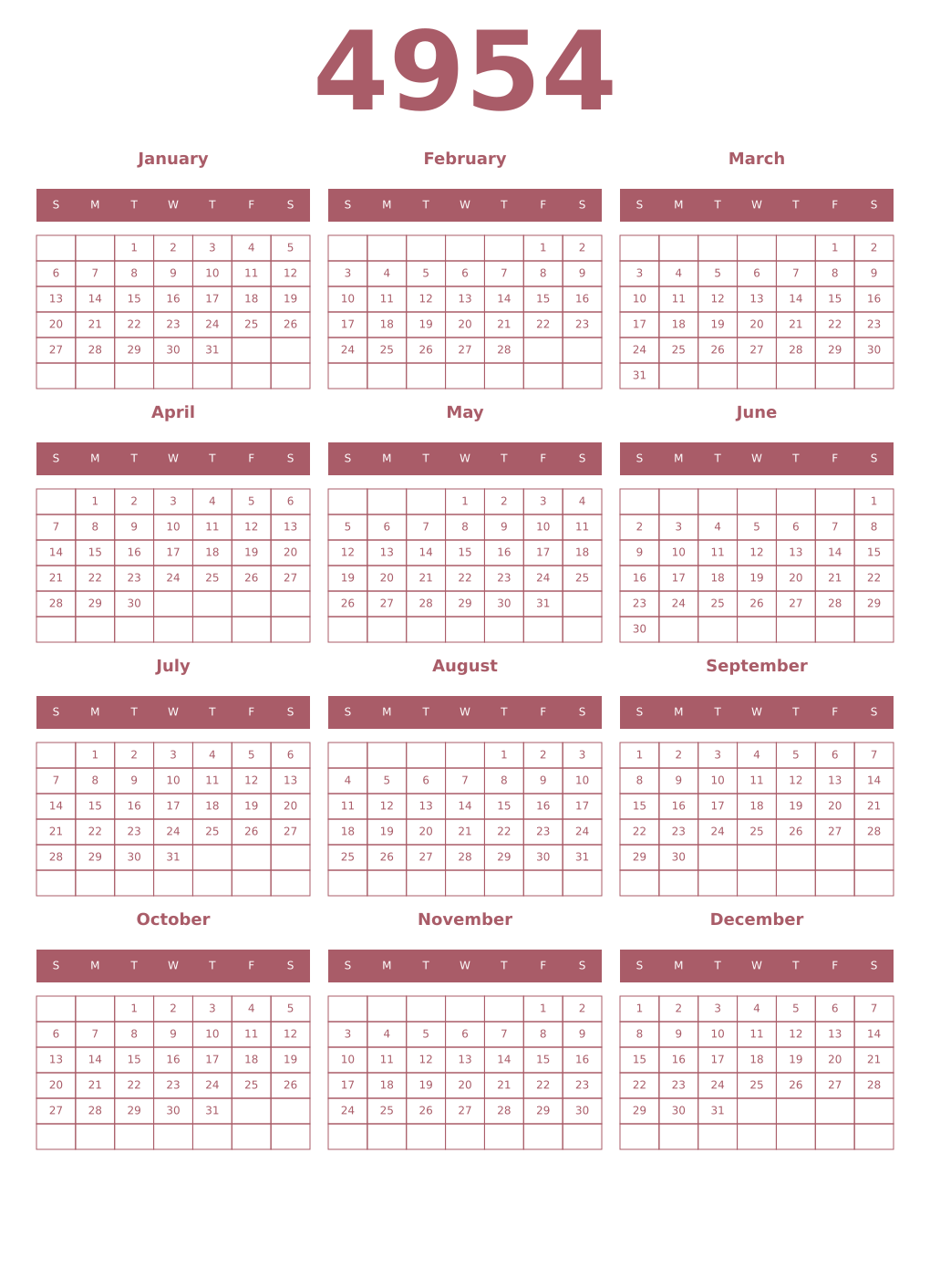 Printable 4954 Year Calendars puce