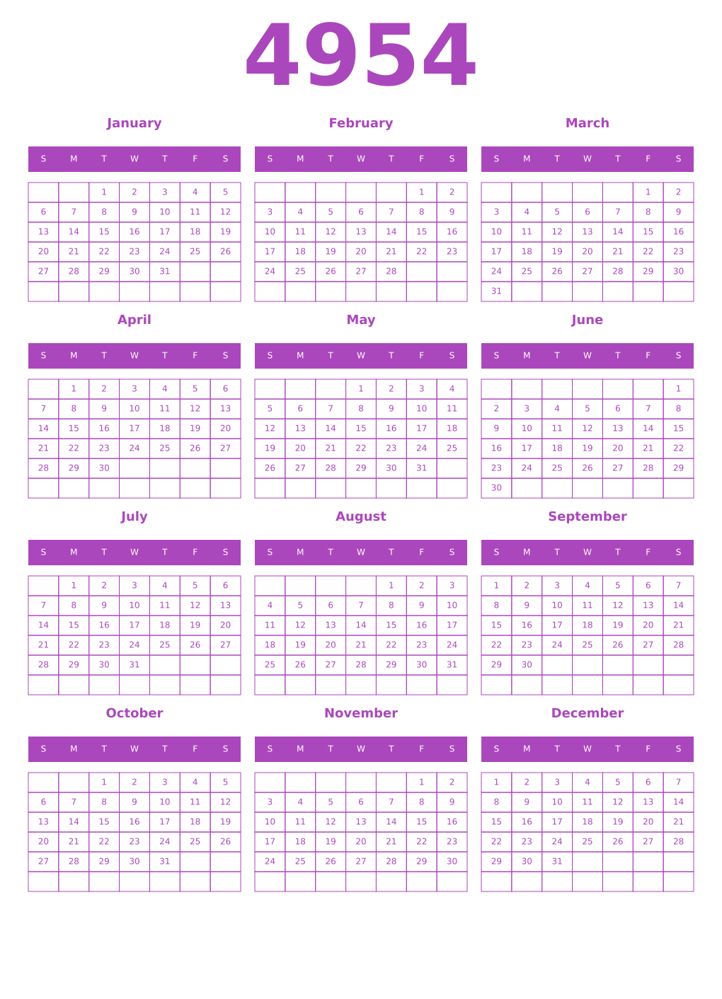 Printable 4954 Year Calendars purple