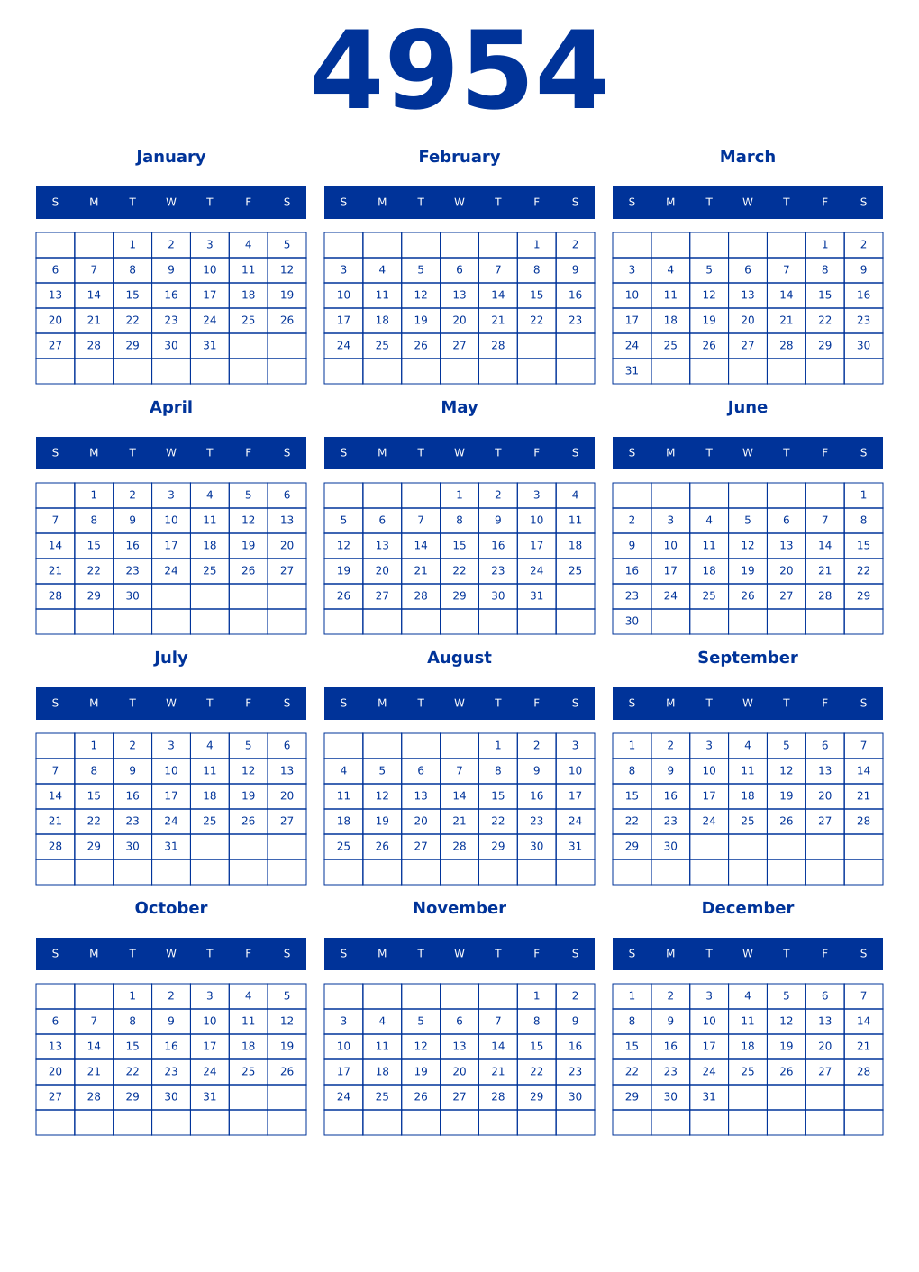Printable 4954 Year Calendars smalt