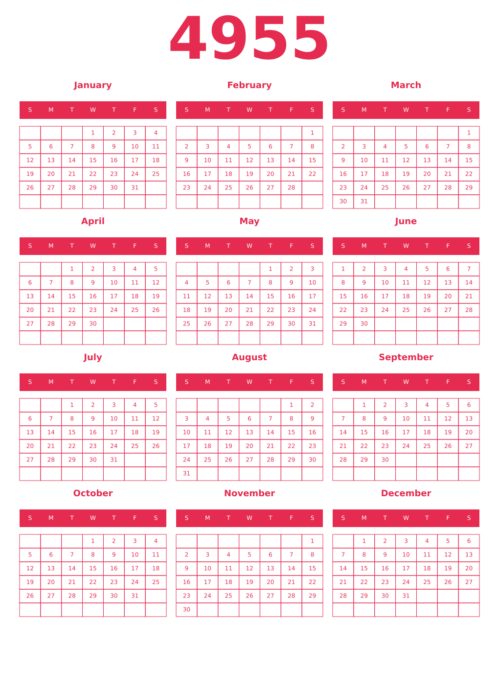Printable 4955 Year Calendars amaranth