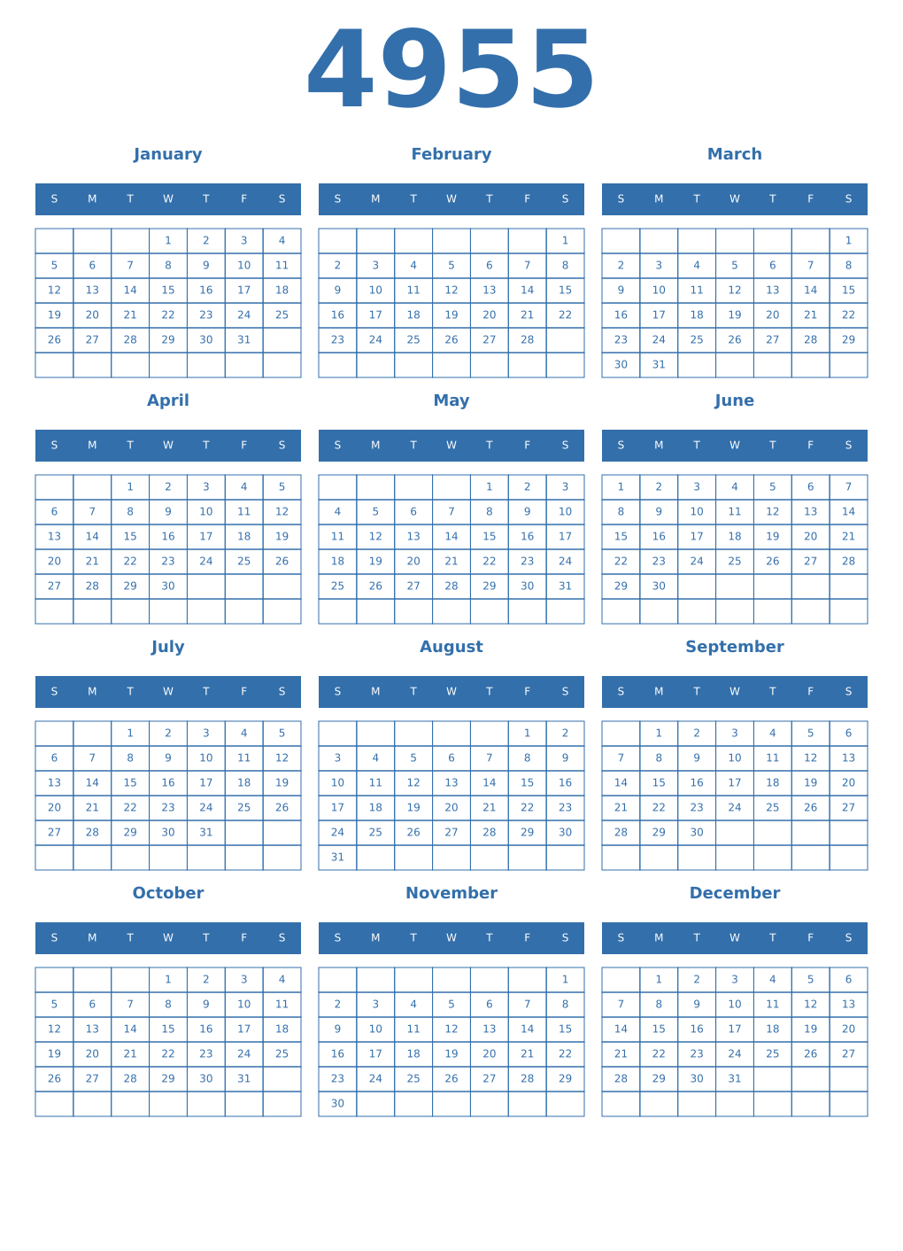 Printable 4955 Year Calendars blue