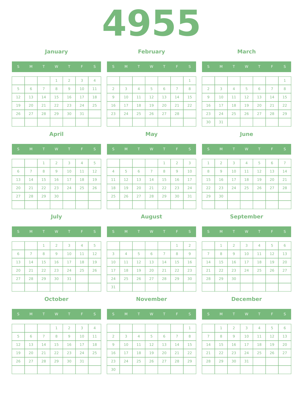 Printable 4955 Year Calendars celadon