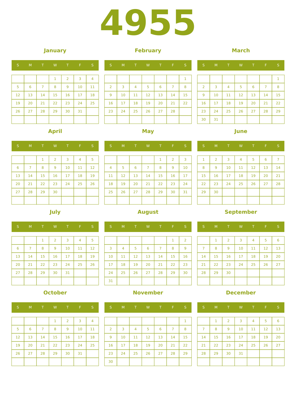 Printable 4955 Year Calendars chartreuse