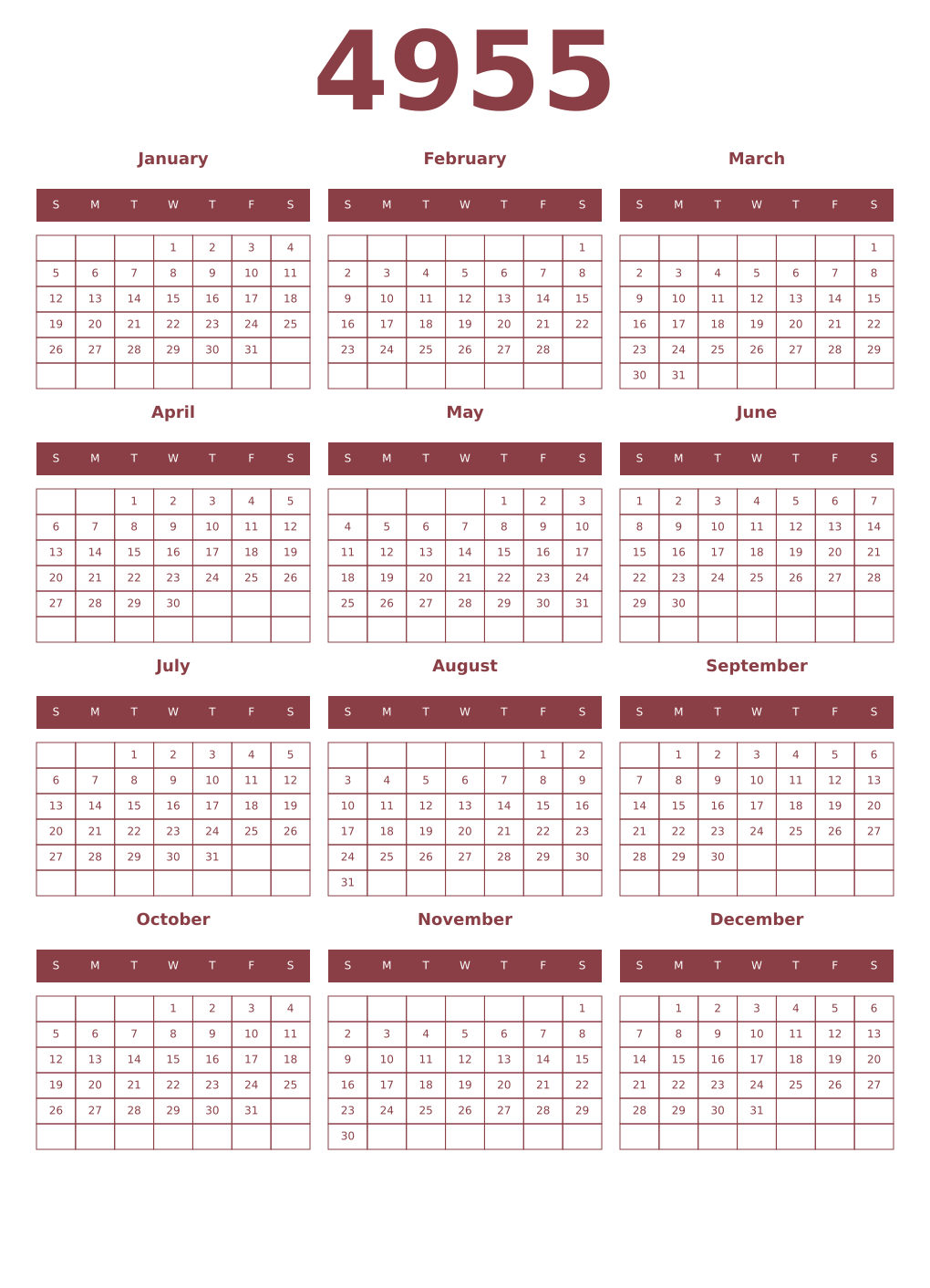 Printable 4955 Year Calendars cordovan