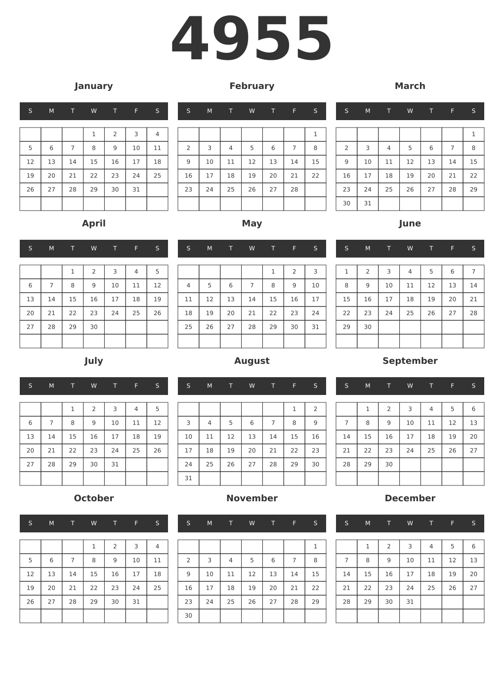Printable 4955 Year Calendars dark