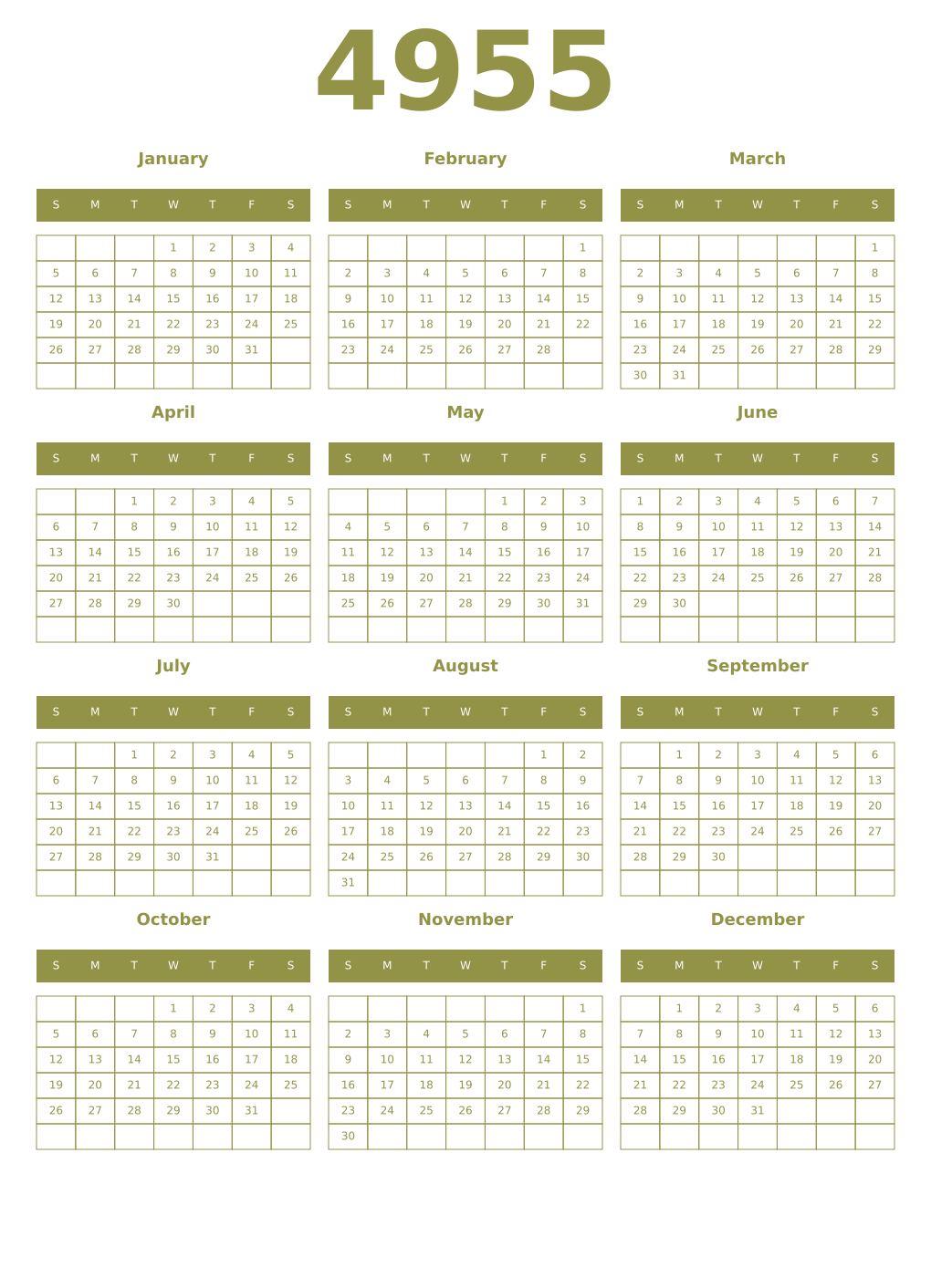 Printable 4955 Year Calendars eburnean
