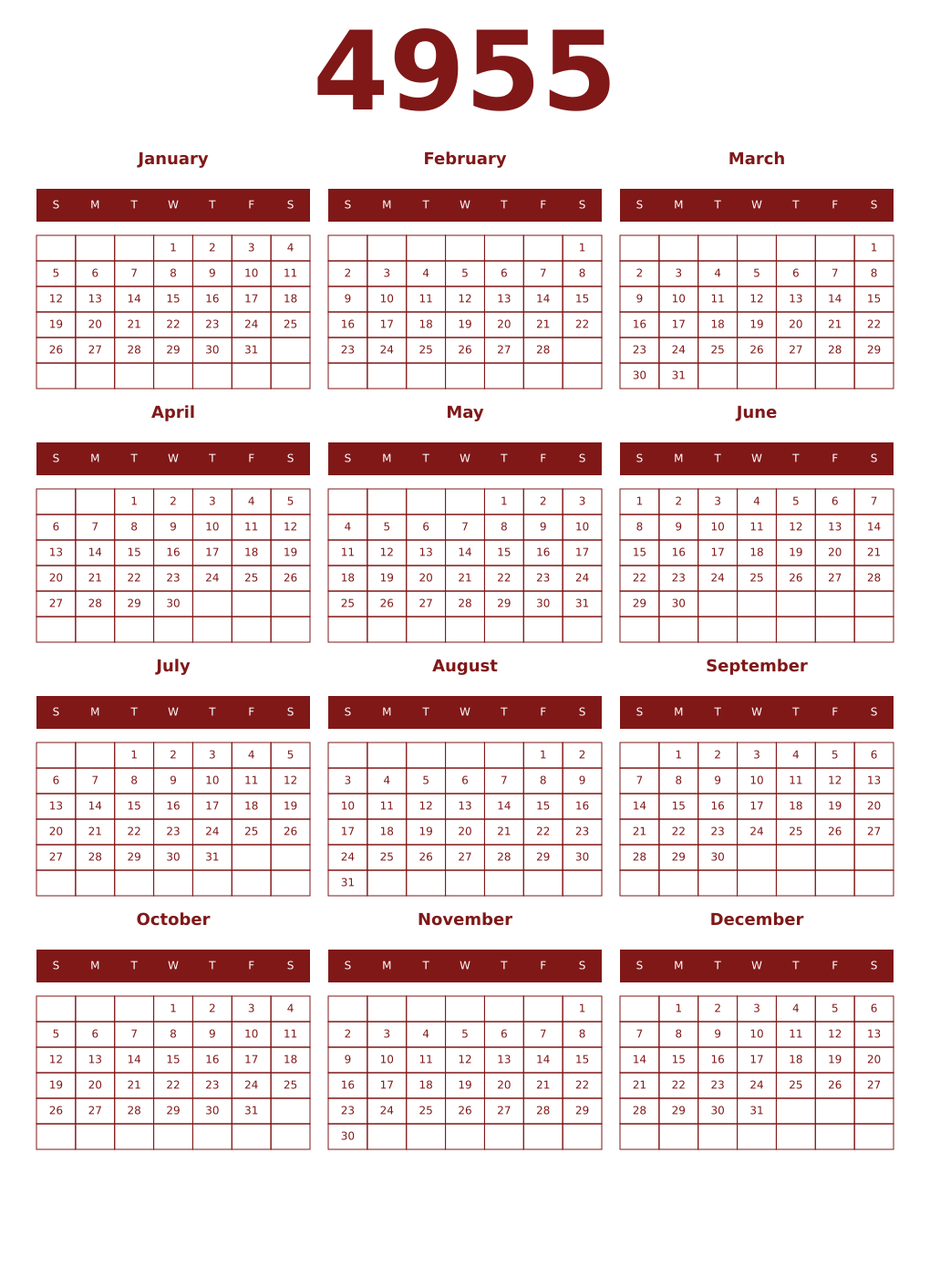 Printable 4955 Year Calendars falu