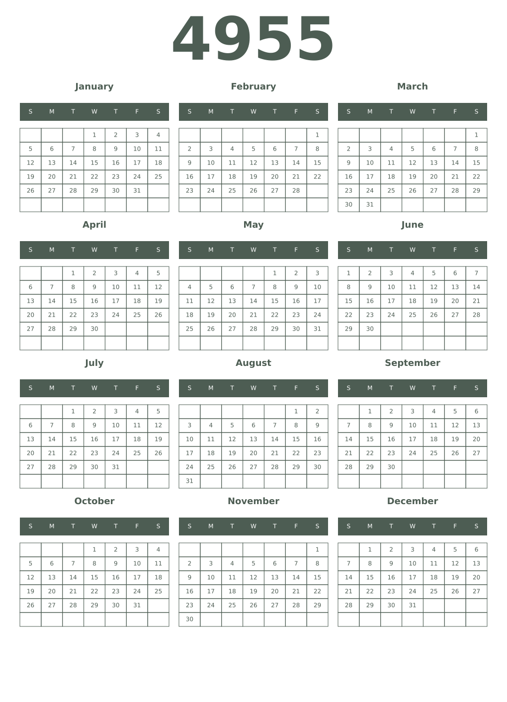 Printable 4955 Year Calendars feldgrau