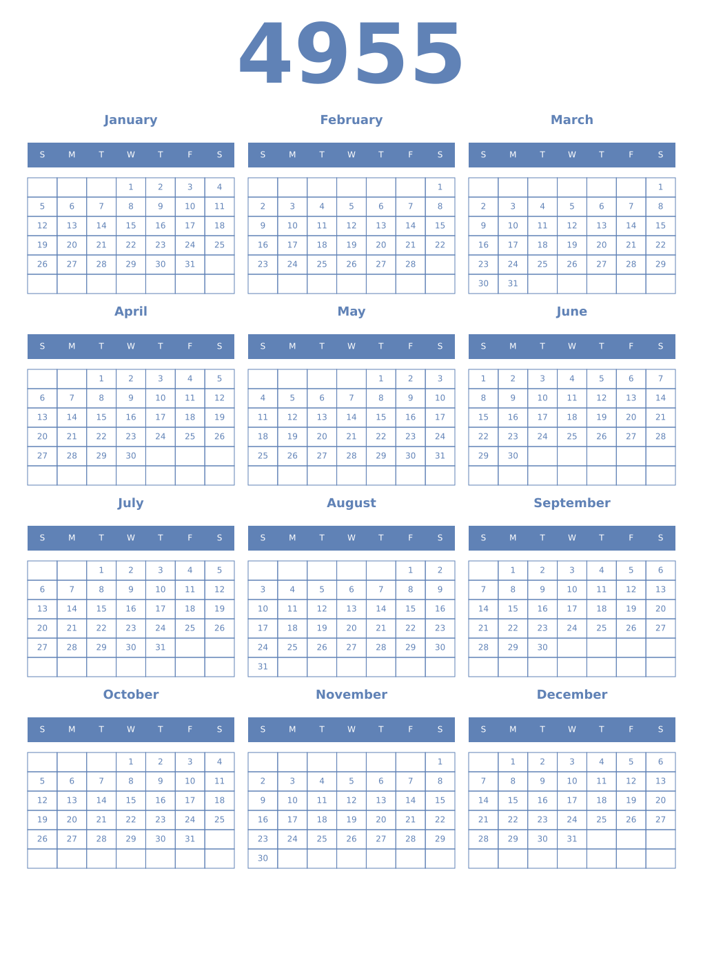 Printable 4955 Year Calendars glaucous