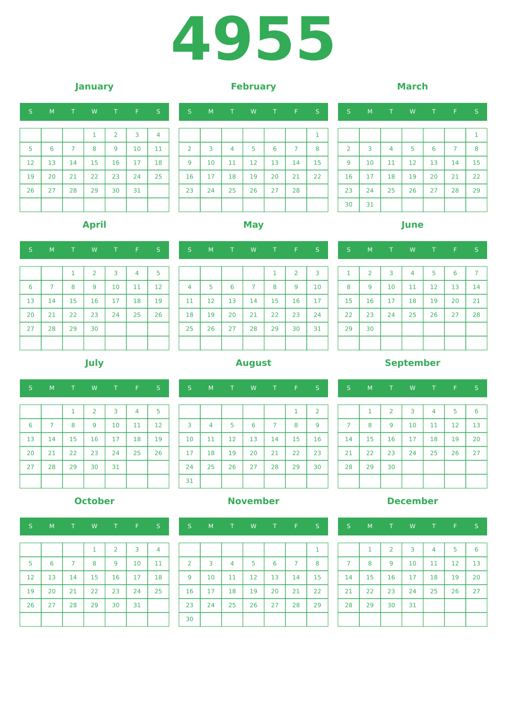 Printable 4955 Year Calendars green