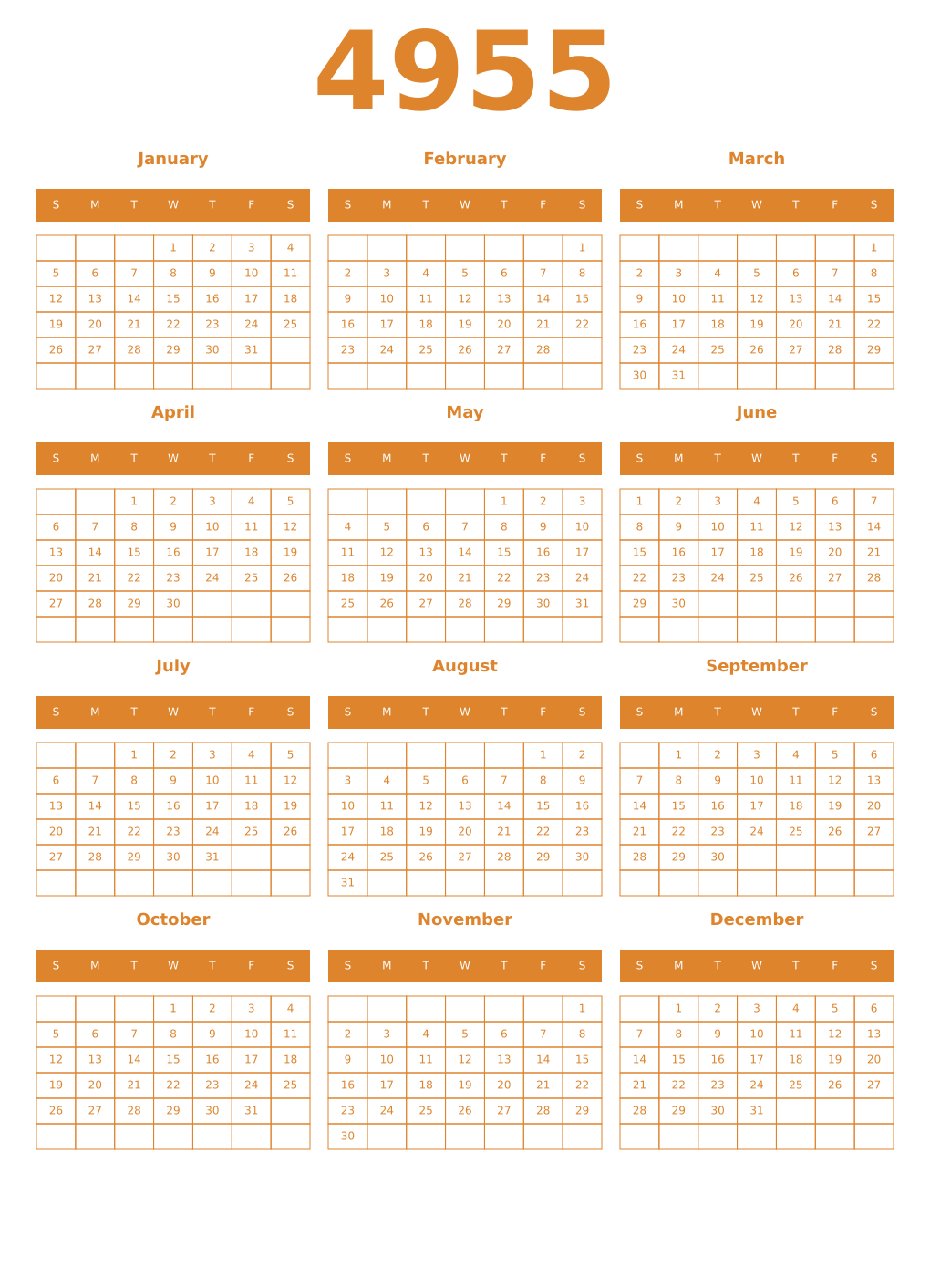 Printable 4955 Year Calendars orange