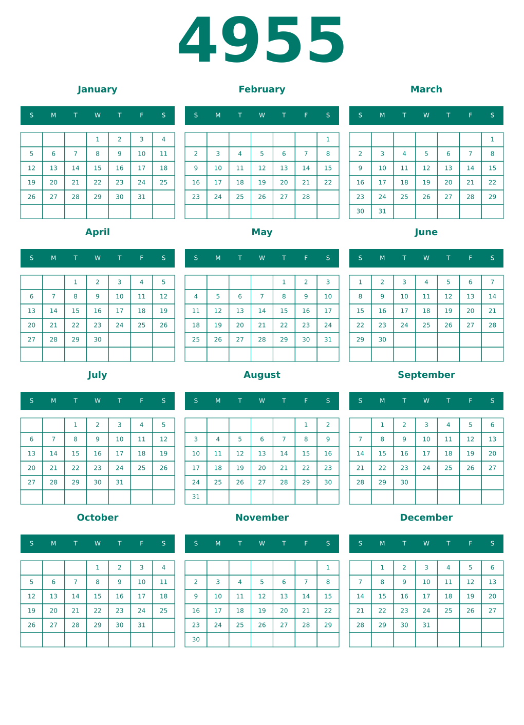 Printable 4955 Year Calendars pastel
