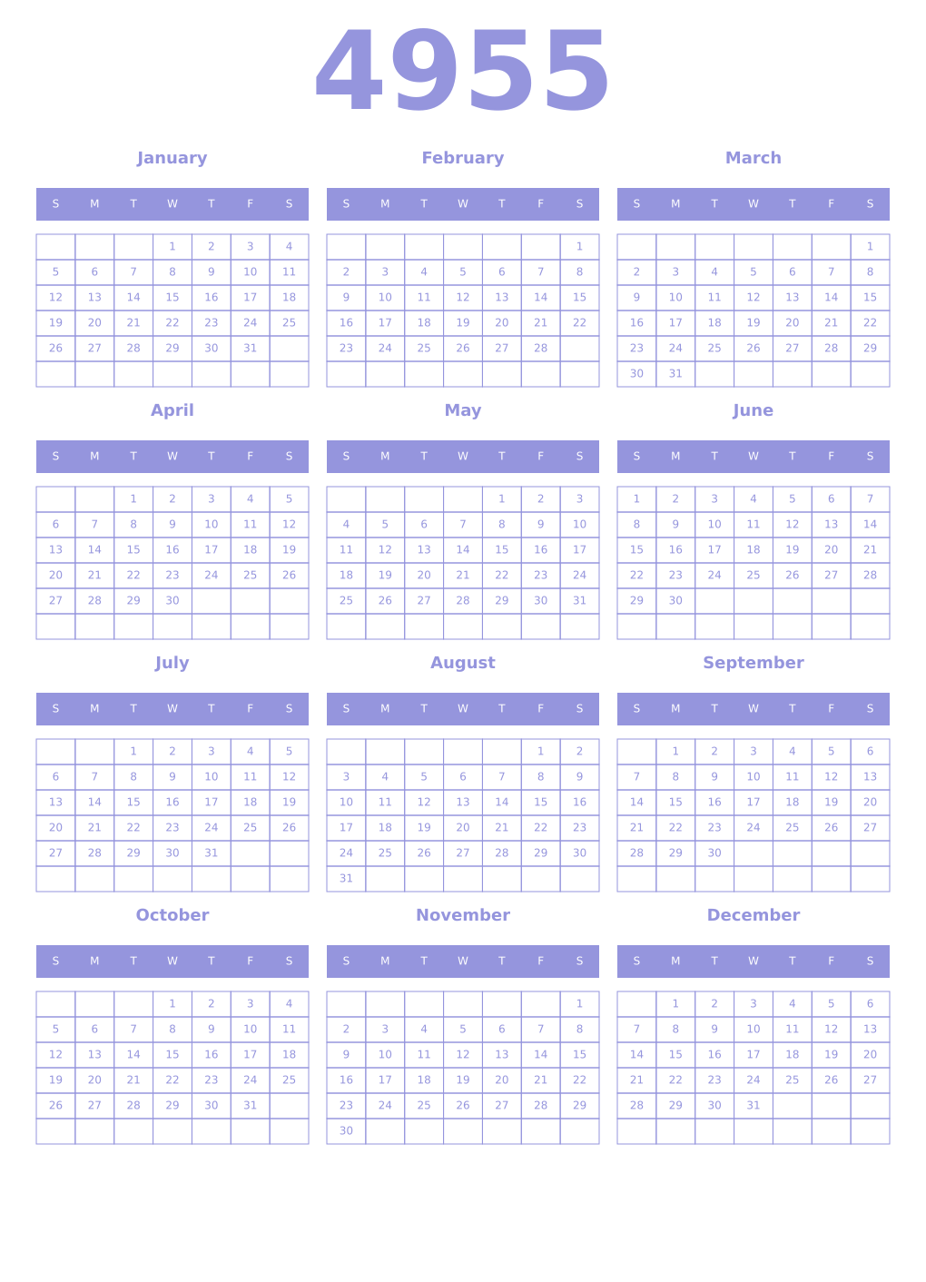 Printable 4955 Year Calendars periwinkle