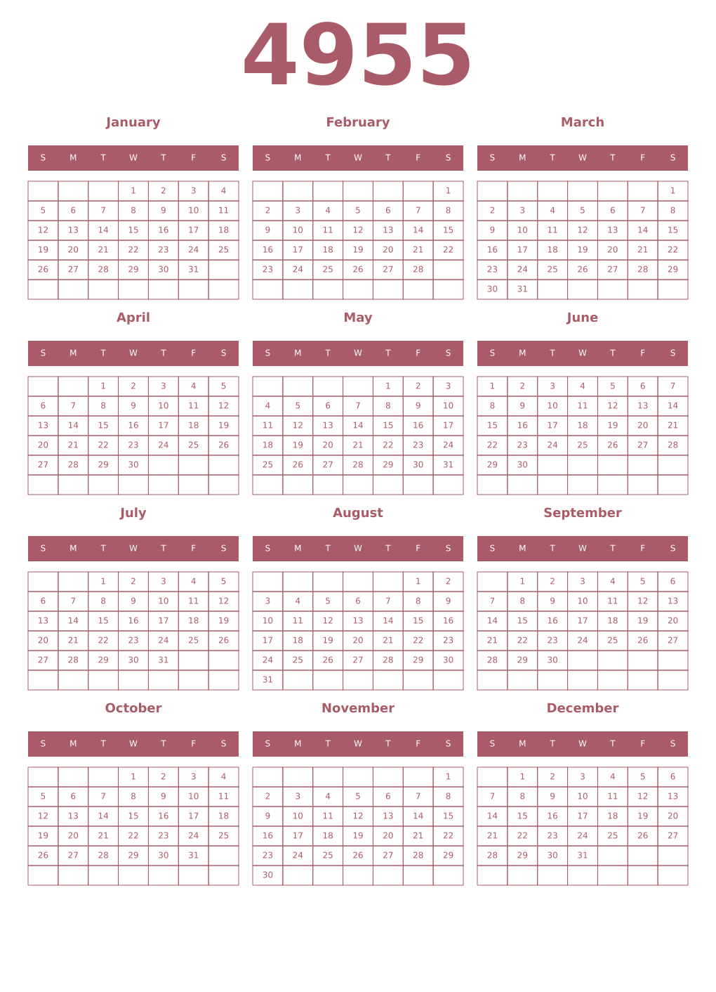 Printable 4955 Year Calendars puce