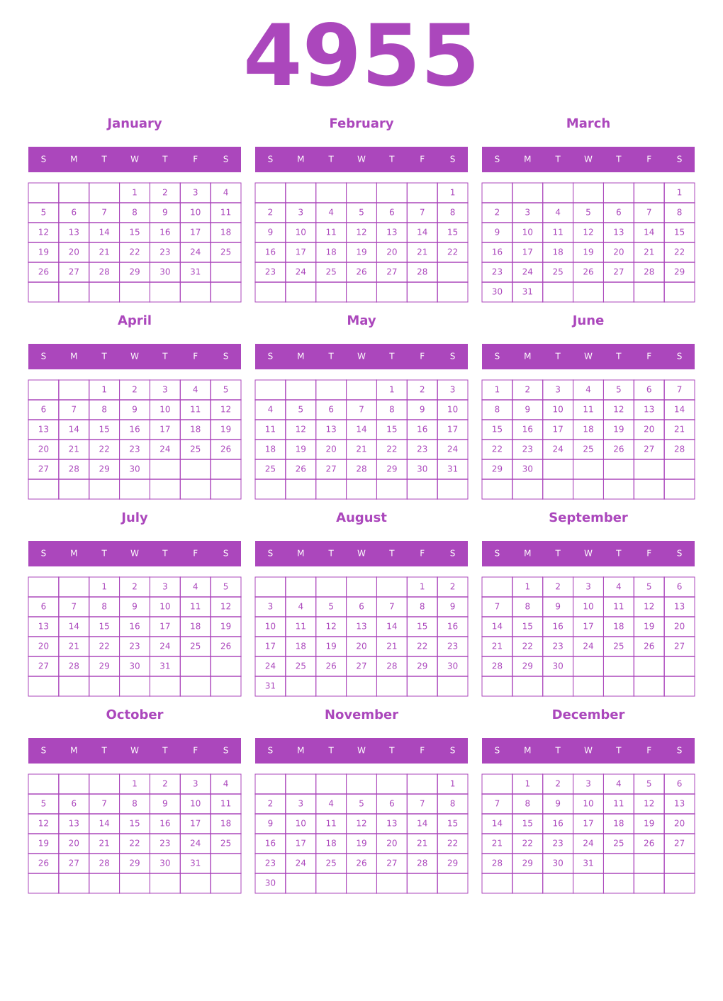 Printable 4955 Year Calendars purple