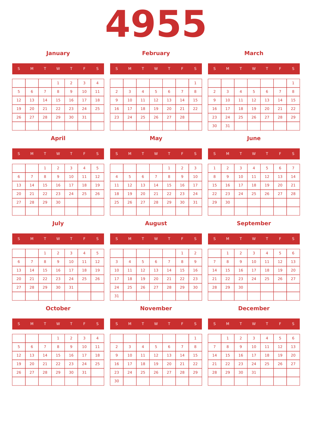 Printable 4955 Year Calendars red