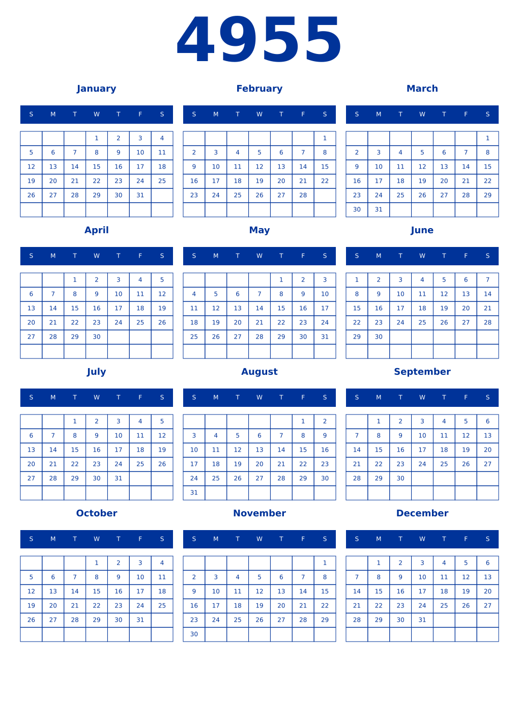 Printable 4955 Year Calendars smalt