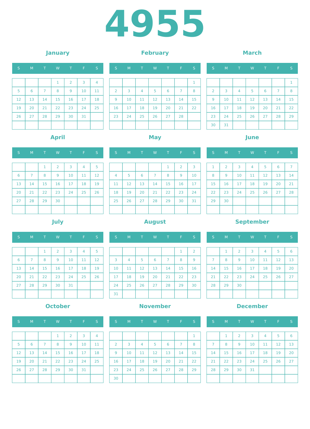 Printable 4955 Year Calendars verdigris