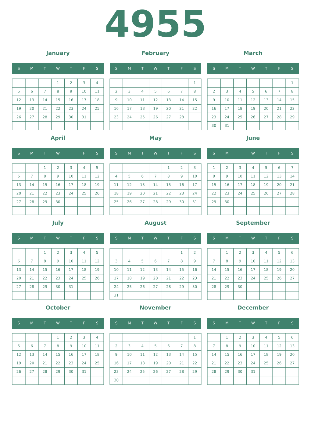 Printable 4955 Year Calendars viridian
