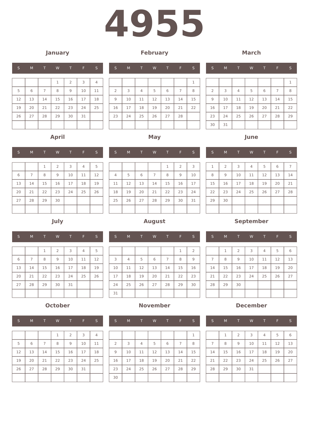 Printable 4955 Year Calendars wenge