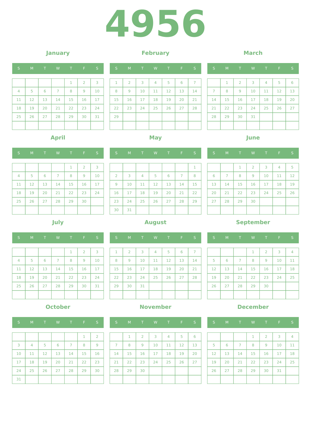 Printable 4956 Year Calendars celadon