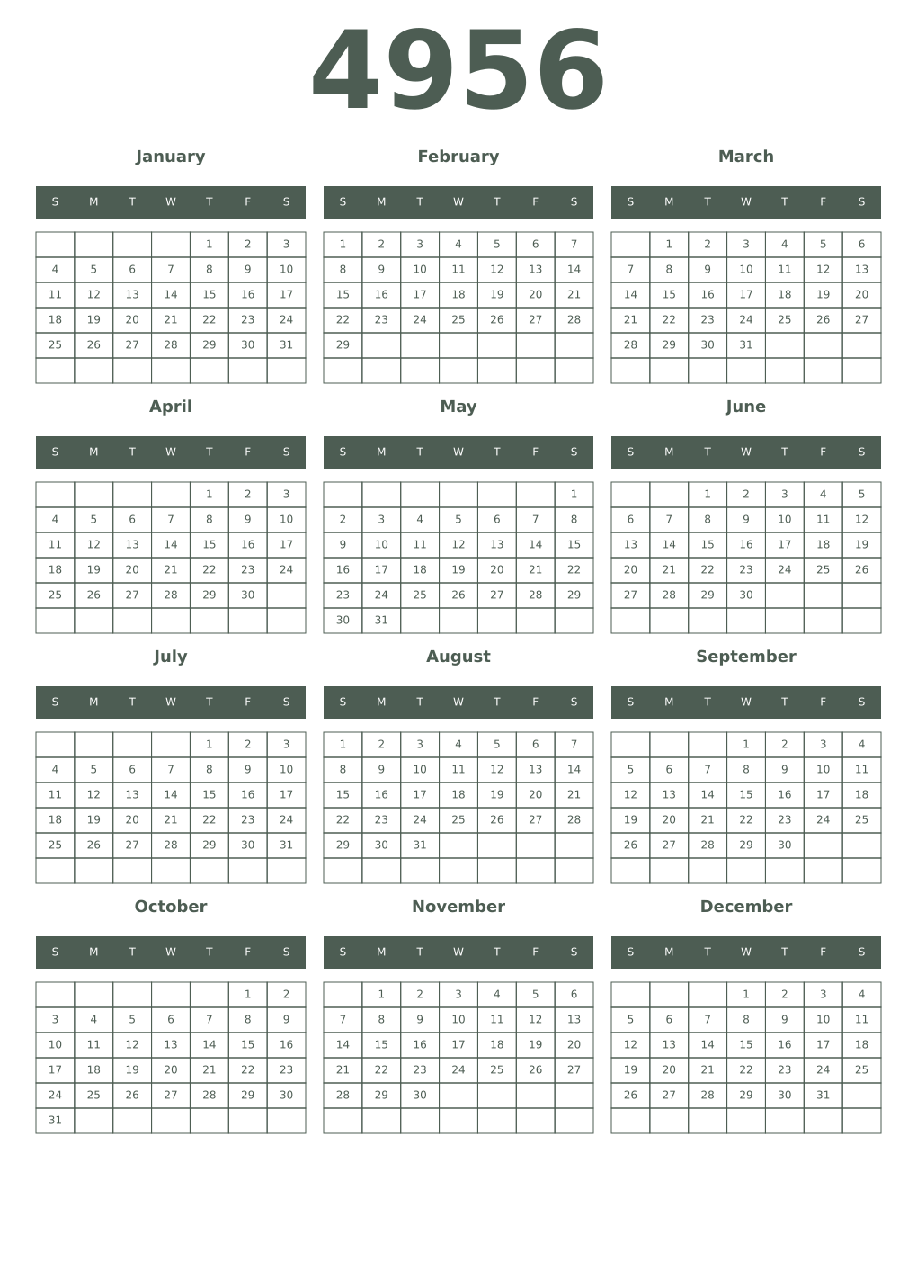 Printable 4956 Year Calendars feldgrau