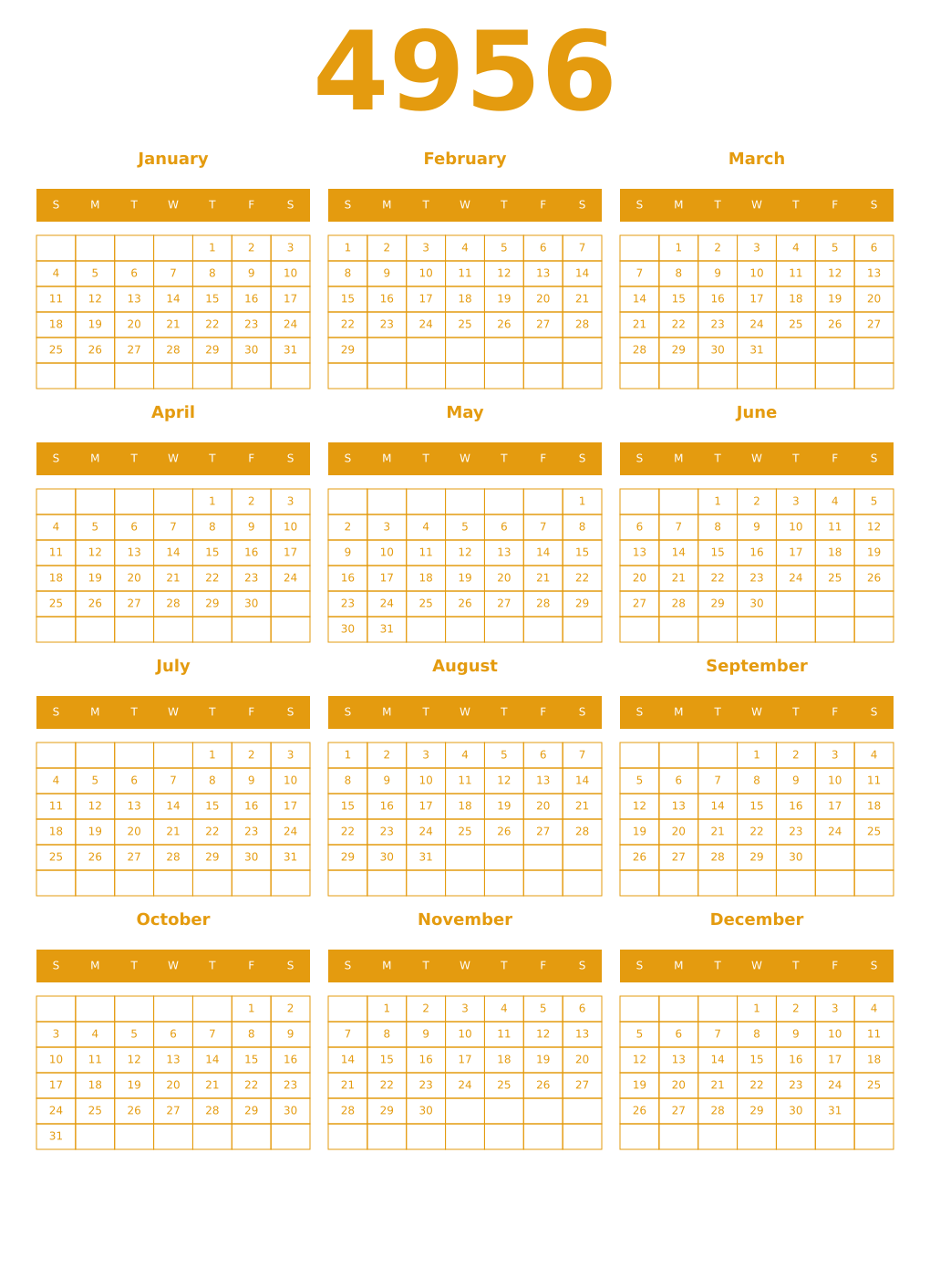 Printable 4956 Year Calendars gamboge