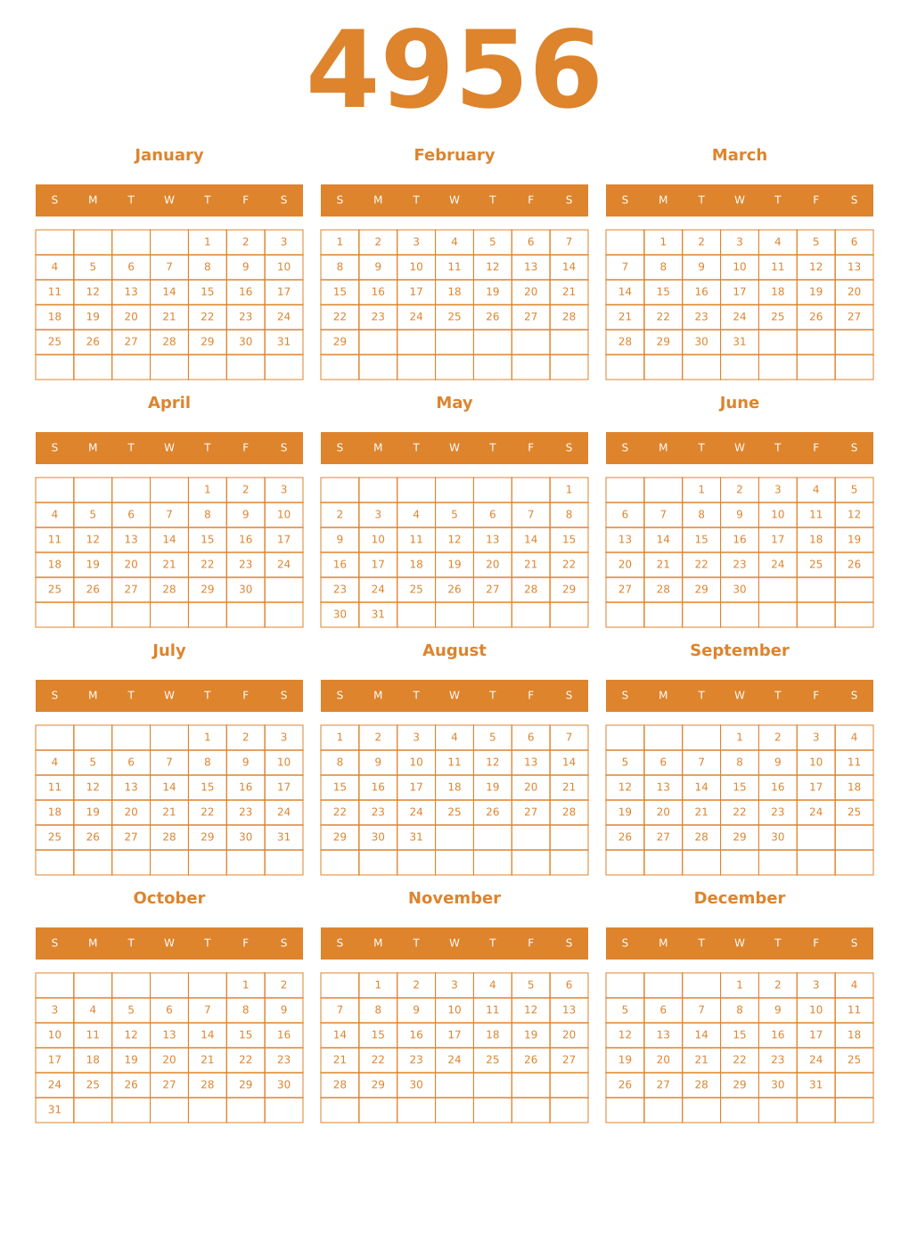 Printable 4956 Year Calendars orange