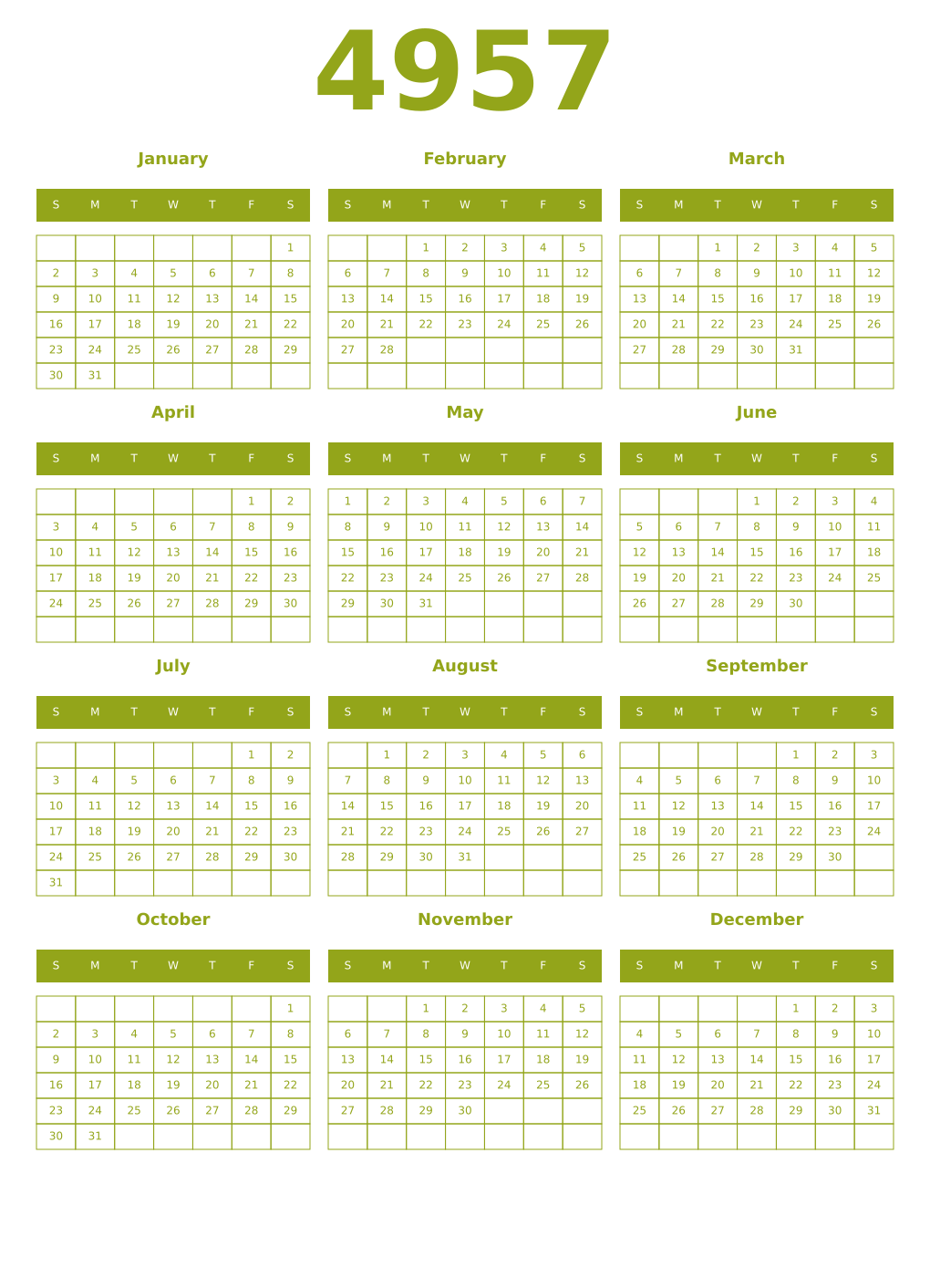 Printable 4957 Year Calendars chartreuse
