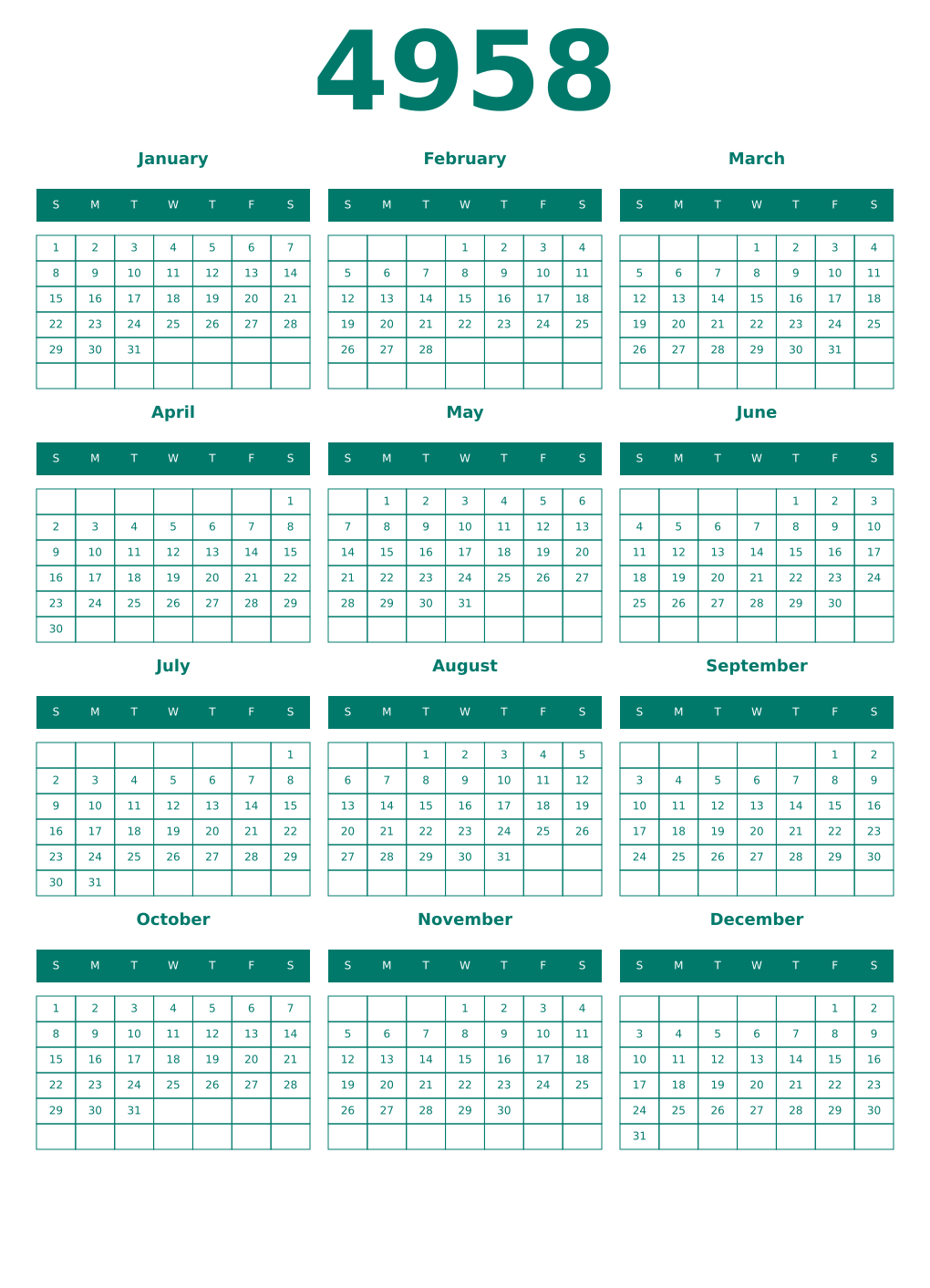 Printable 4958 Year Calendars pastel
