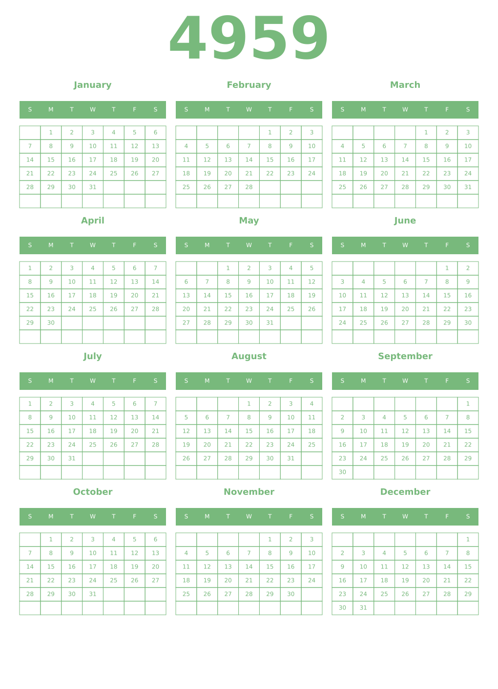 Printable 4959 Year Calendars celadon